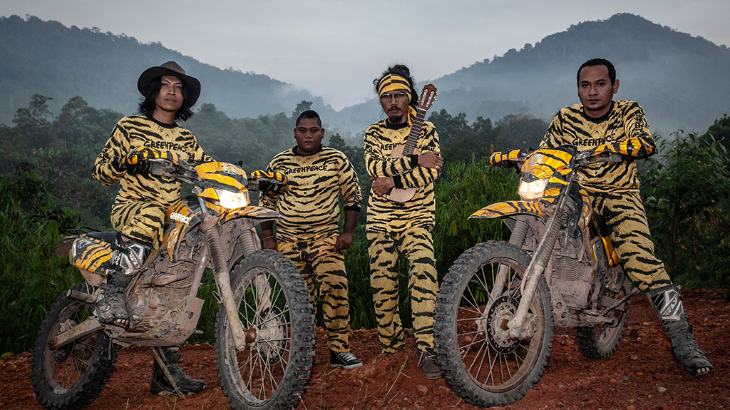 Dressed as tigers, the Navicula team represent the endangered animal and witness the destruction of their home for palm oil plantation